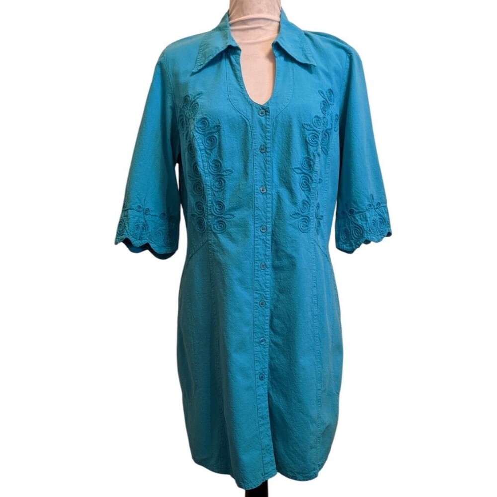 Turquoise Cotton Dress Embroidered Button-Front Tunic XL